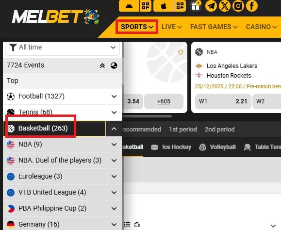 Выбор вида спорта в прематчевой линии Melbet
